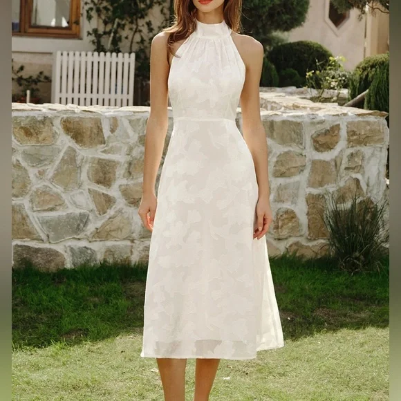 Rihoas Beige Halter Floral Midi Dresses - Picture 4 of 9